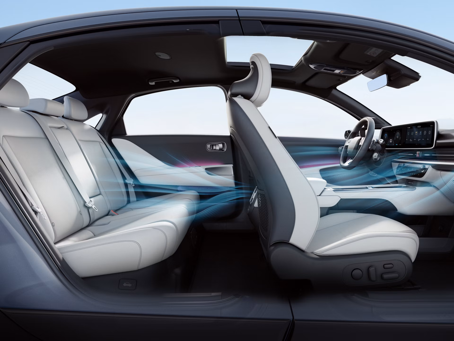 Prikaz protoka zraka automatskog dvoozonskog klima-uređaja u unutrašnjosti modela Hyundai IONIQ 6.