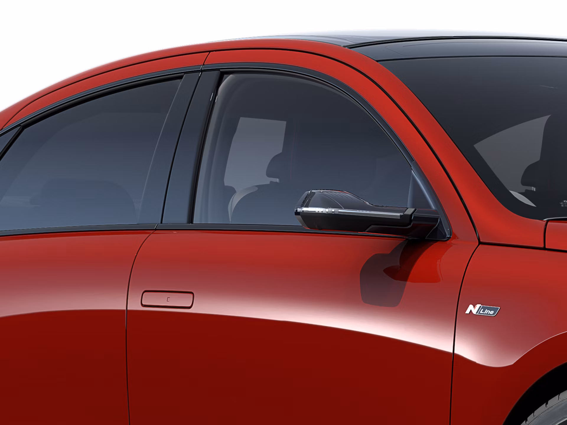 Crna sjajna kućišta retrovizora na crvenoj električnoj limuzini Hyundai IONIQ 6 N Line.
